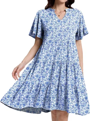 Womens Casual Tiered Swing Midi Dress Ruffle Sleeve V Neck A Line Loose Summer Dresses with Pockets