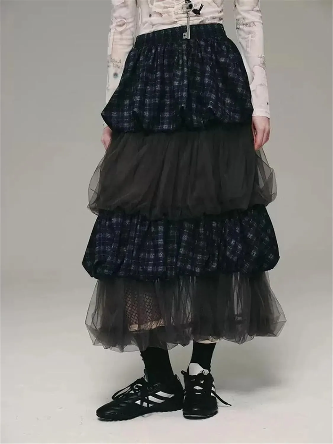 Women's Colorblock Patchwork Skirt, Ruffled Hem Loose Fit High Waist