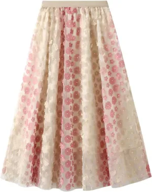 Women's Flower Mesh Long Umbrella Skirt Spring Summer Printed Princess Dress Pleated Skirt