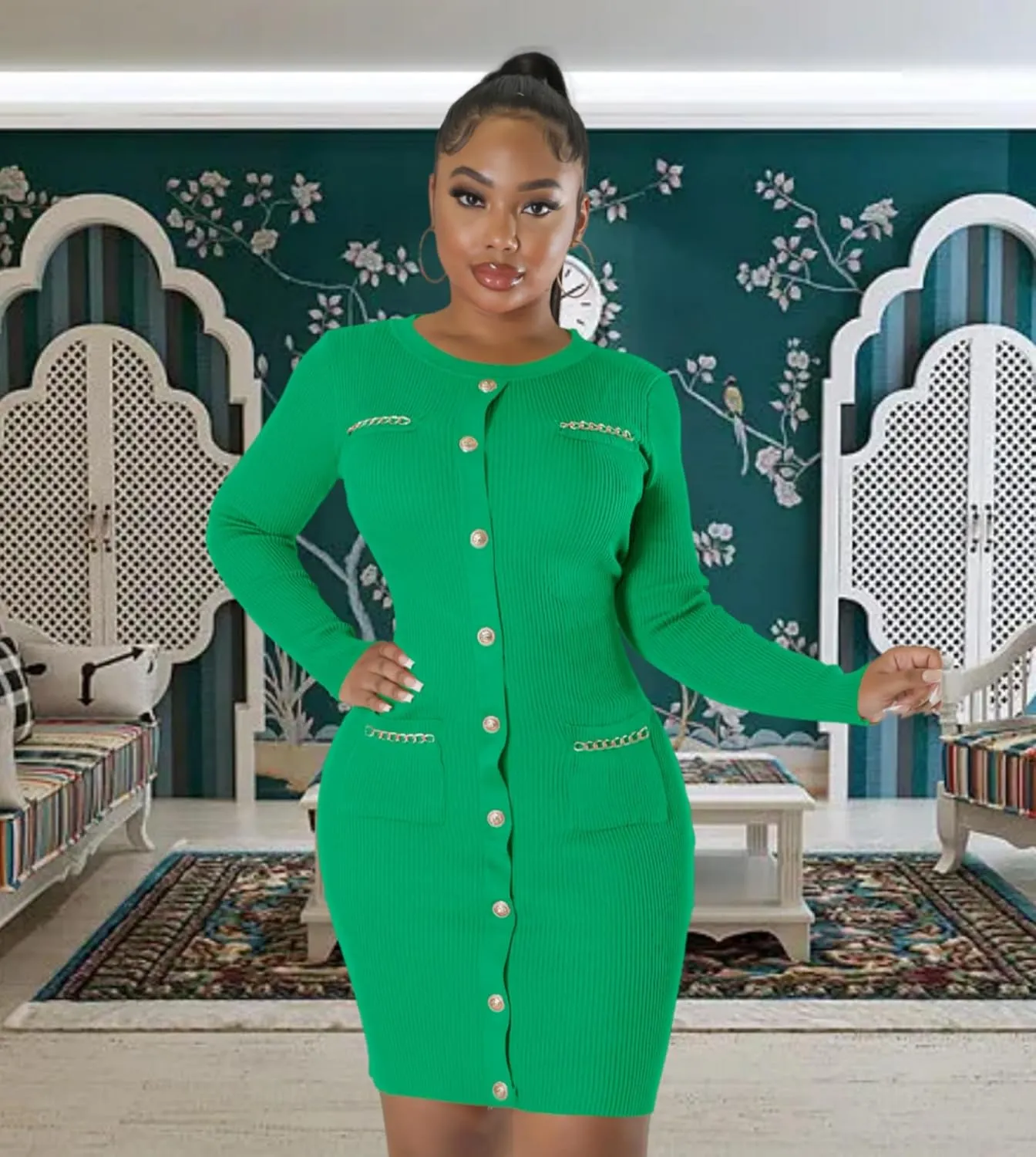 Women's Knitted Dress Fashion Crewneck Long Sleeve Bodycon Elegant Casual Solid Pullover Warmth Pencil Dress