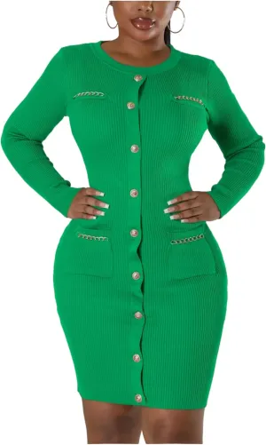Women's Knitted Dress Fashion Crewneck Long Sleeve Bodycon Elegant Casual Solid Pullover Warmth Pencil Dress