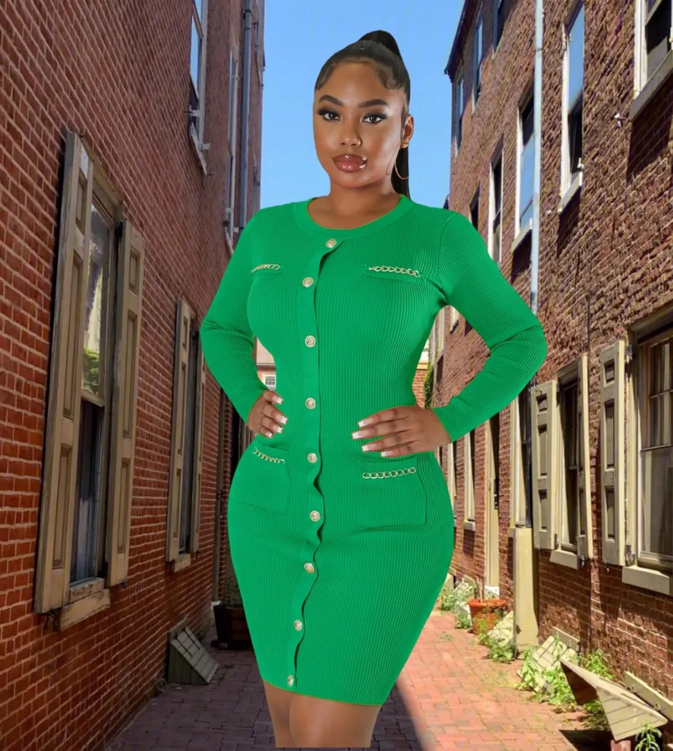 Women's Knitted Dress Fashion Crewneck Long Sleeve Bodycon Elegant Casual Solid Pullover Warmth Pencil Dress