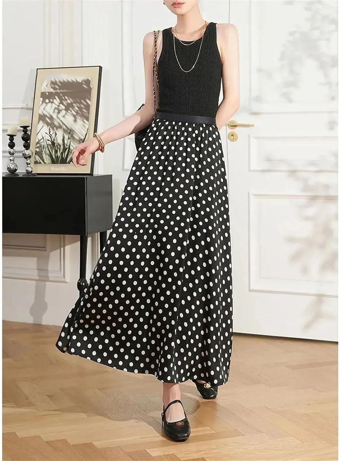 Women's Polka Dot Skirt, Retro High Waist Maxi