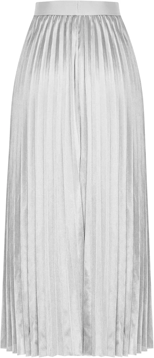 Womens Satin Flowy Swing Skirt Casual Plus Size Silk Pleated Long Skirts Comfy High Waist Pleated Maxi Skirt