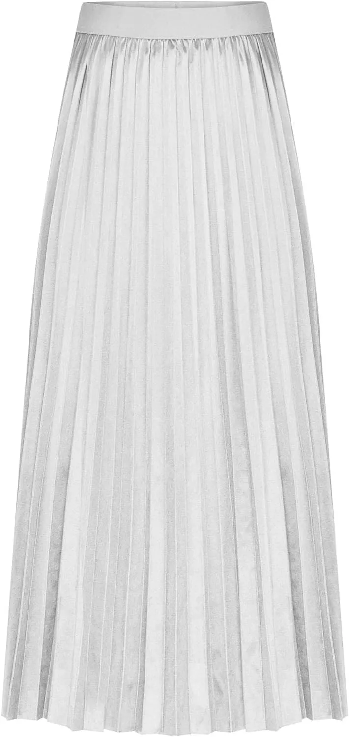 Womens Satin Flowy Swing Skirt Casual Plus Size Silk Pleated Long Skirts Comfy High Waist Pleated Maxi Skirt