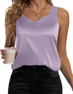 Women's Silk Satin Tank Tops V Neck Camisole Casual Cami Sleeveless Shirt Blouses Silky Basic Tanks