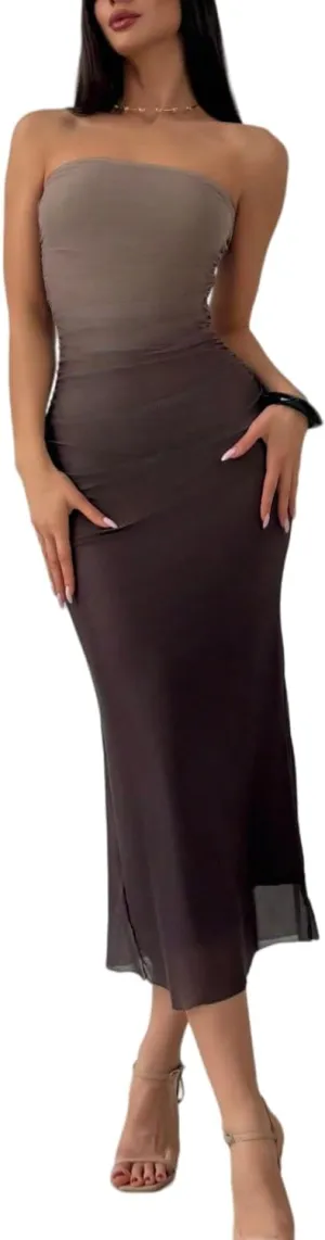 Women's Summer Dress Gradient Strapless Tube Dress Bodycon Long Dress Side Slit Mesh Layered