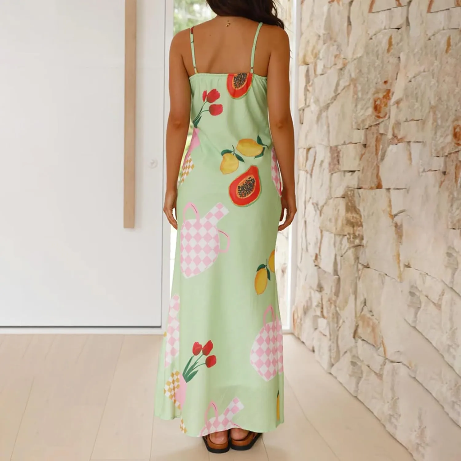 Womens Vintage Floral Slip Dress Spaghetti Strap Backless Flowy Long Dress Slim Fit Retro Cami Maxi Dress