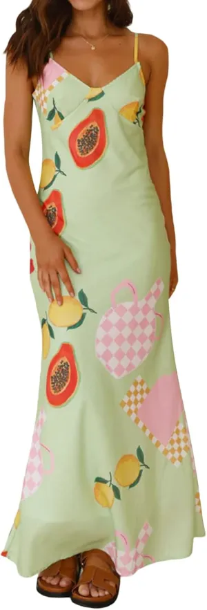Womens Vintage Floral Slip Dress Spaghetti Strap Backless Flowy Long Dress Slim Fit Retro Cami Maxi Dress