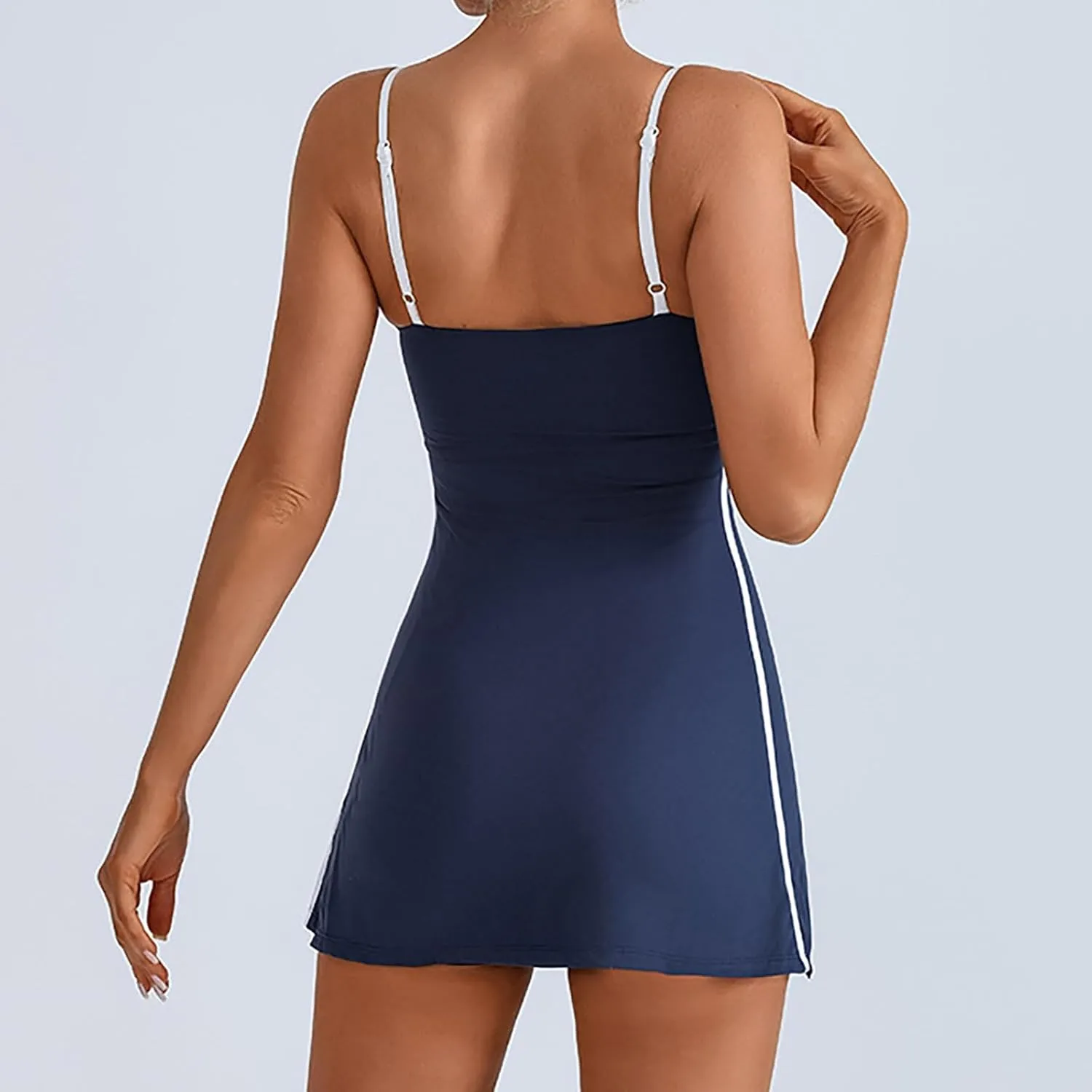 Womens Workout Tennis Dress with Built in Shorts Sleeveless Square Neck Suspender Exercise Yoga Dress