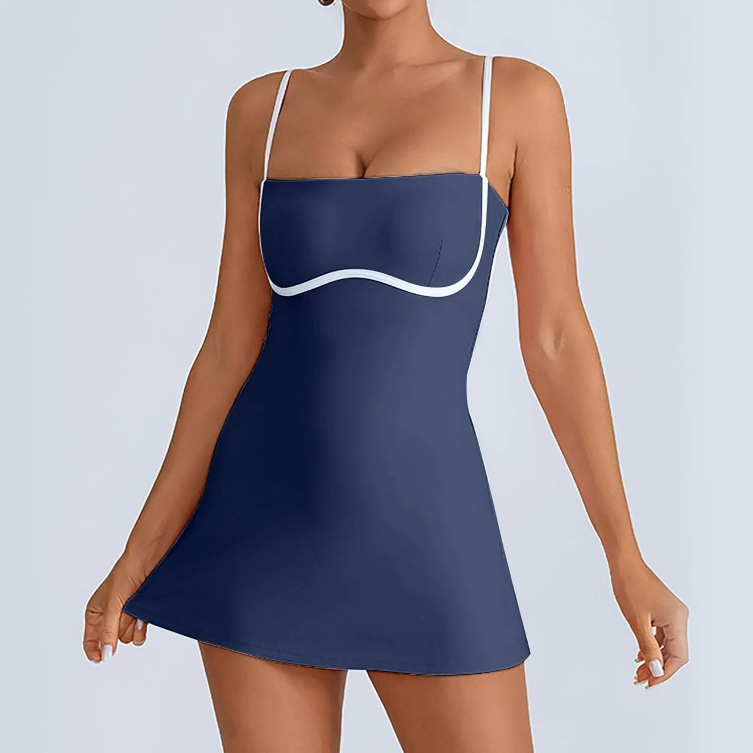 Womens Workout Tennis Dress with Built in Shorts Sleeveless Square Neck Suspender Exercise Yoga Dress