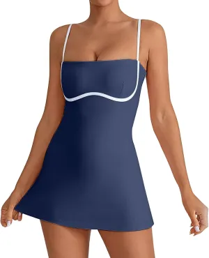 Womens Workout Tennis Dress with Built in Shorts Sleeveless Square Neck Suspender Exercise Yoga Dress