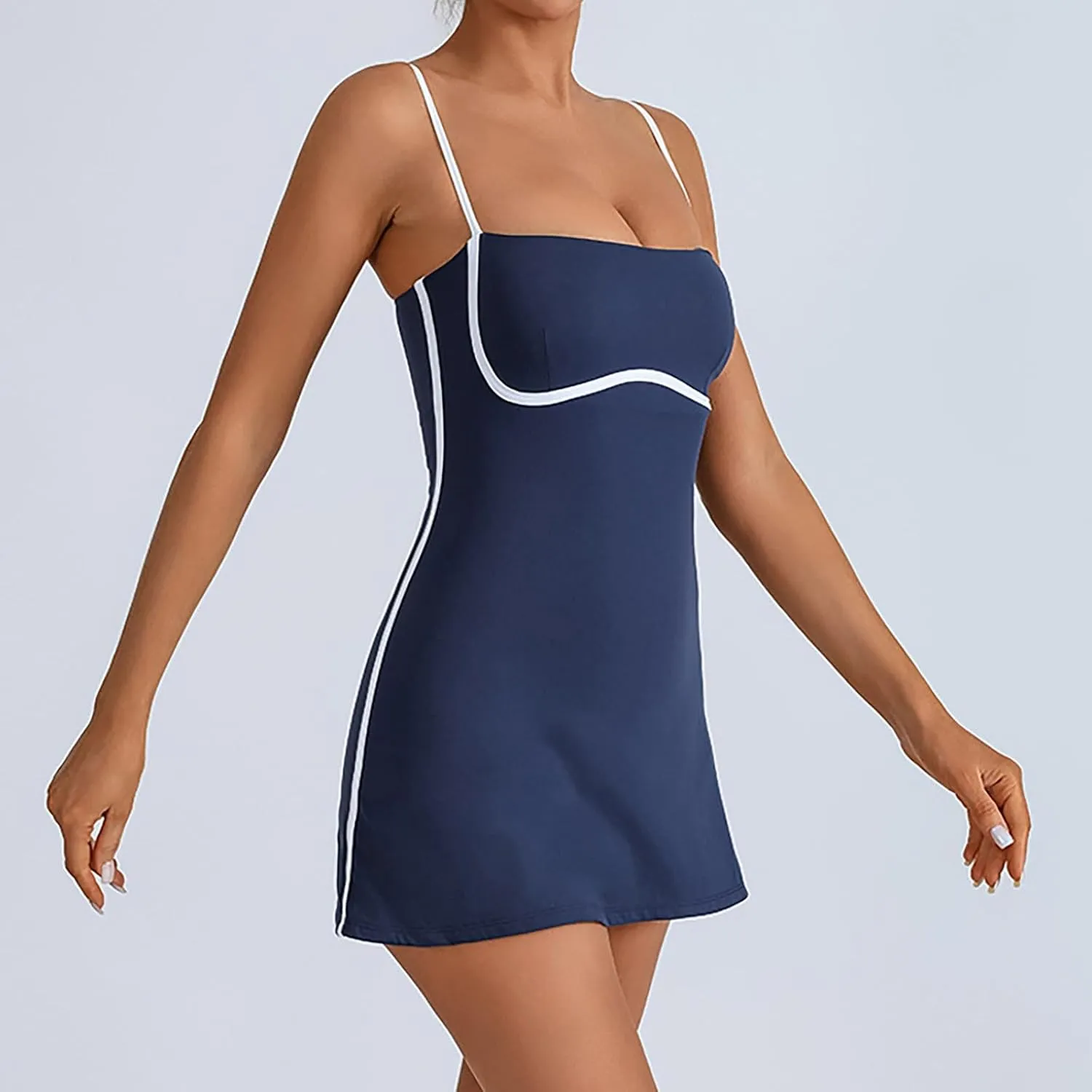 Womens Workout Tennis Dress with Built in Shorts Sleeveless Square Neck Suspender Exercise Yoga Dress