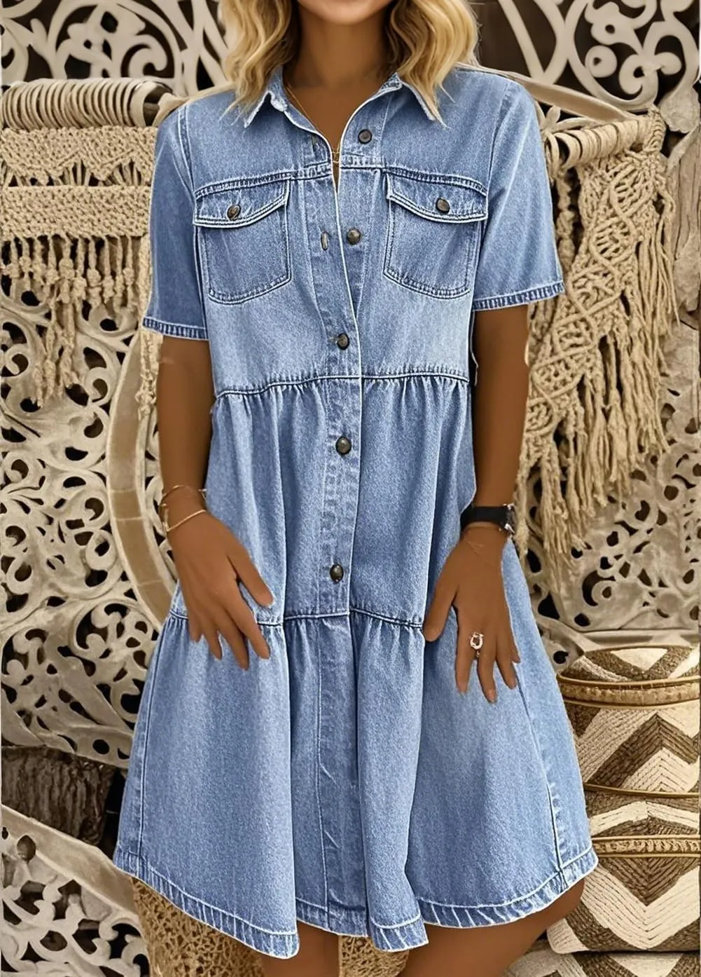 yoeasy Womens Vintage Denim Dress Lapel Button Down Short Sleeve Casual Tiered Flowy Swing A Line Shirt Dress