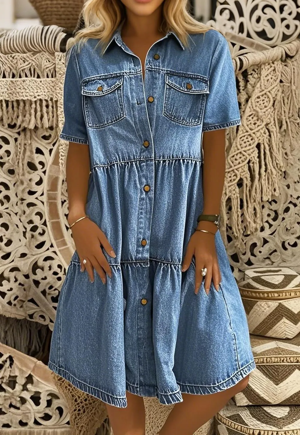 yoeasy Womens Vintage Denim Dress Lapel Button Down Short Sleeve Casual Tiered Flowy Swing A Line Shirt Dress