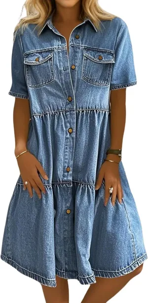 yoeasy Womens Vintage Denim Dress Lapel Button Down Short Sleeve Casual Tiered Flowy Swing A Line Shirt Dress