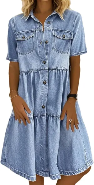 yoeasy Womens Vintage Denim Dress Lapel Button Down Short Sleeve Casual Tiered Flowy Swing A Line Shirt Dress