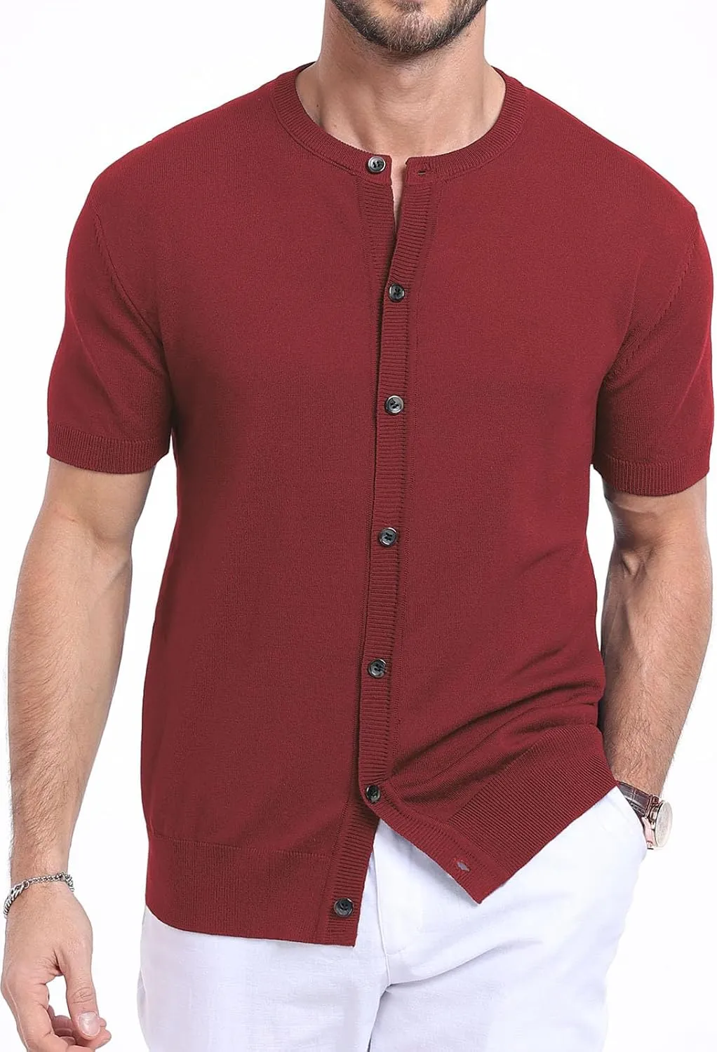 YTD Men's Knit Casual Button Down Shirts Short Sleeve Textured Summer Beach Shirts