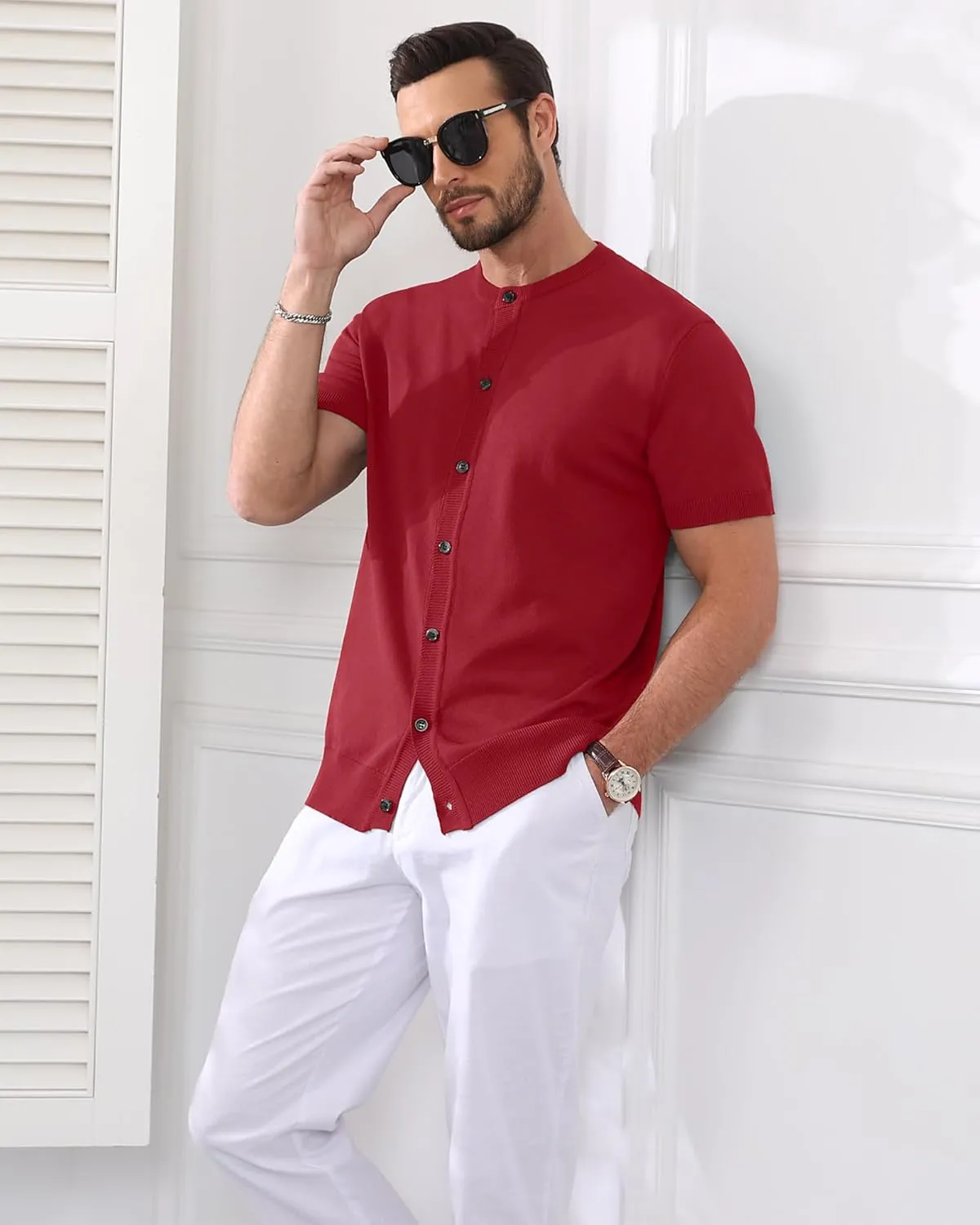 YTD Men's Knit Casual Button Down Shirts Short Sleeve Textured Summer Beach Shirts