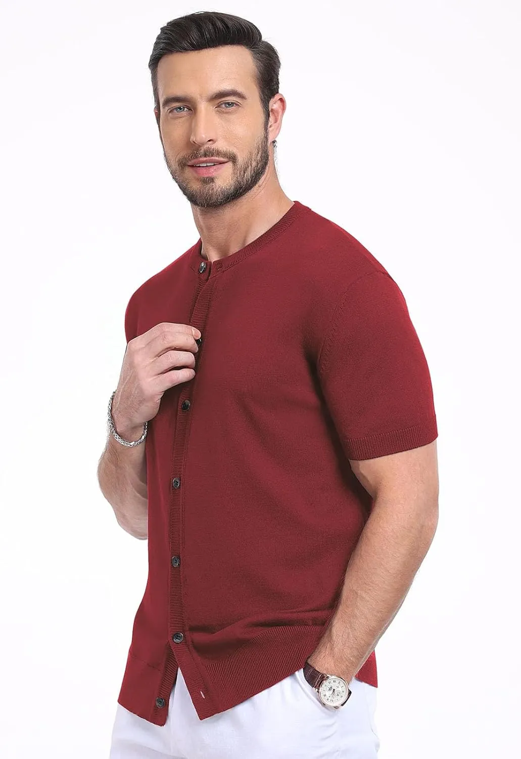 YTD Men's Knit Casual Button Down Shirts Short Sleeve Textured Summer Beach Shirts