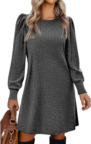 Zeagoo Women's Knit Dress with Puff Sleeves for Fall & Winter - Round Neck Casual Tunic Dress