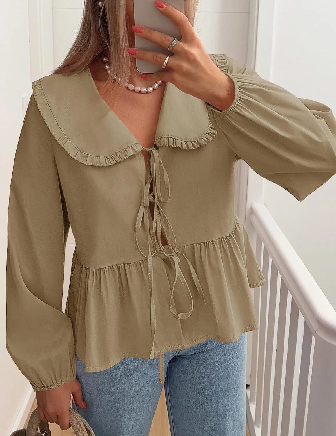 ZESICA Women's Tie Front Peplum Tops Long Puff Sleeve Lapel Collar Cute Babydoll Blouses Shirts