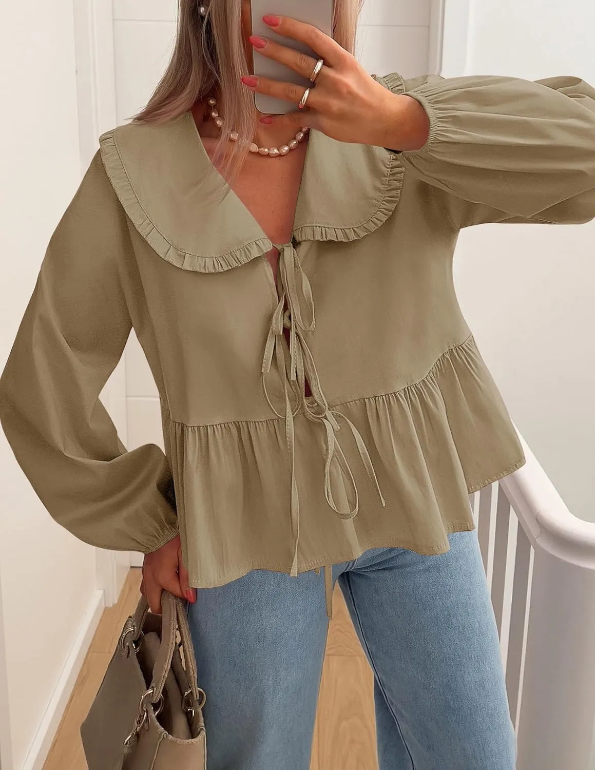 ZESICA Women's Tie Front Peplum Tops Long Puff Sleeve Lapel Collar Cute Babydoll Blouses Shirts